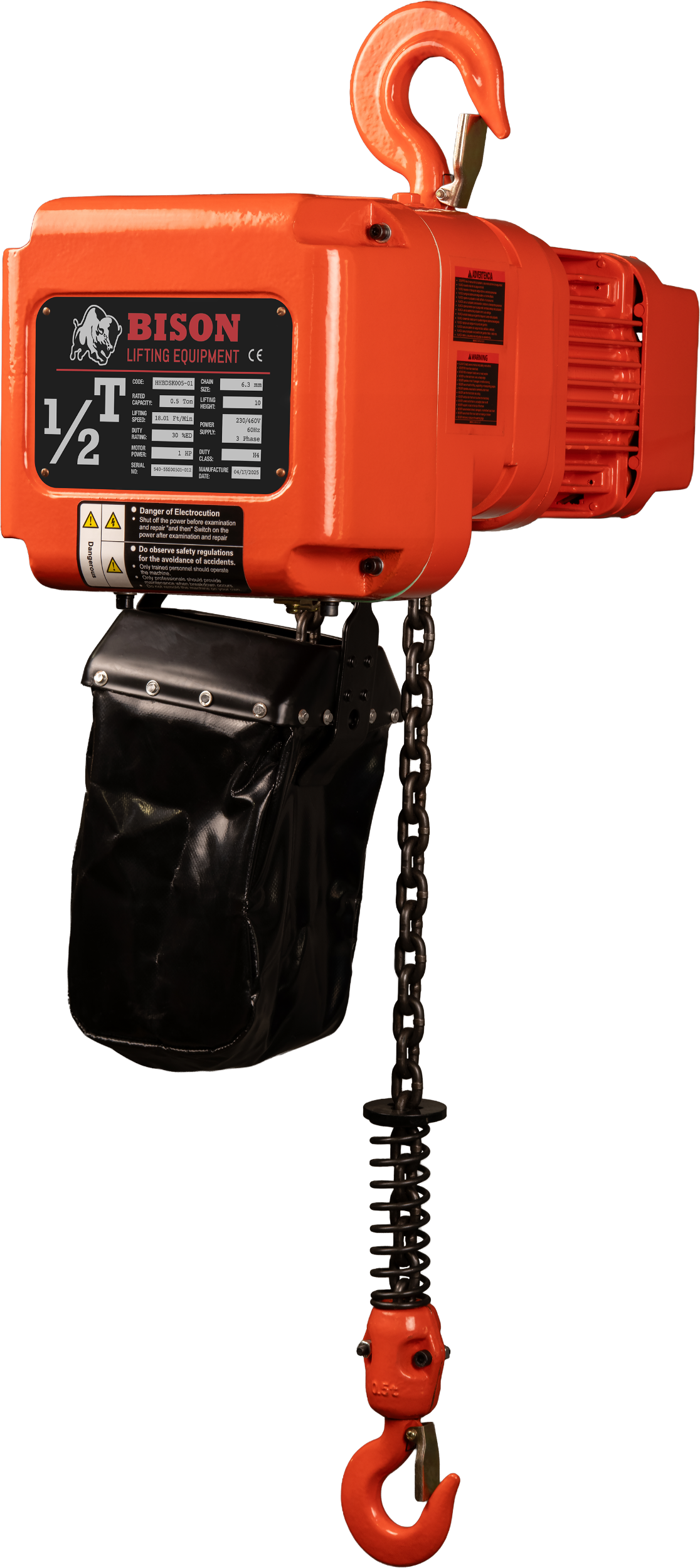 Orange electric chain hoist with black chain collector bag and orange top hook and bottom hook. Black label on front displays hoist information and branding